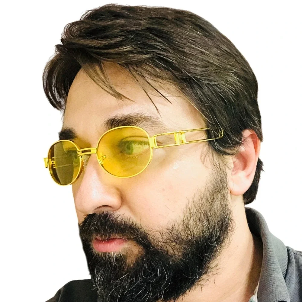 Gold Frame Sunglasses Yellow Lens UV400‎ Protection Men Classy Retro Oval Shades